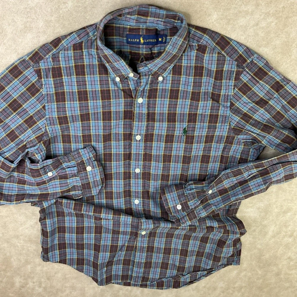 Polo Ralph Lauren Shirt Men Sz M Long Sleeve Plaid Check Button Front Blue Pony